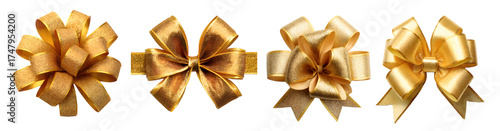 Golden ribbon bow set isolated on a white background, cut out, transparent PNG decoration collection