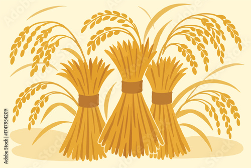Golden Harvest Bundles of Rice and Wheat – Agricultural Crop Vector Illustration