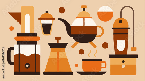 An artistic layout of various coffee brewing ods including pourover French press and siphon pots each with distinct designs.
