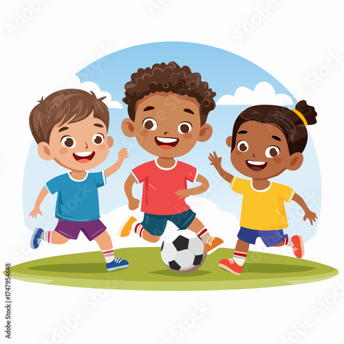 Soccer Fun Cheerful Kids Playing Soccer Together in Cartoon Illustration