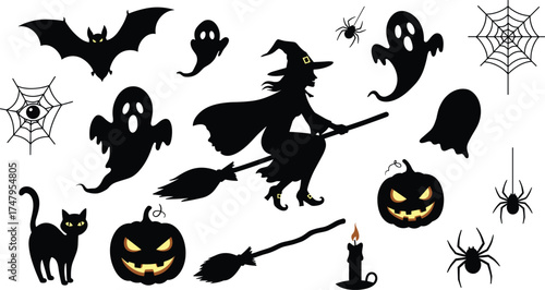 CAD Drawing Flat Vector Illustration, Halloween Theme, Witch on Broomstick, Ghosts, Jack-o'-Lanterns, Bats, Spiders, Black Cat, Candle, Web
