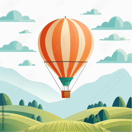 Striped hot air balloon gracefully floating over a serene valley with rolling green hills and mountains