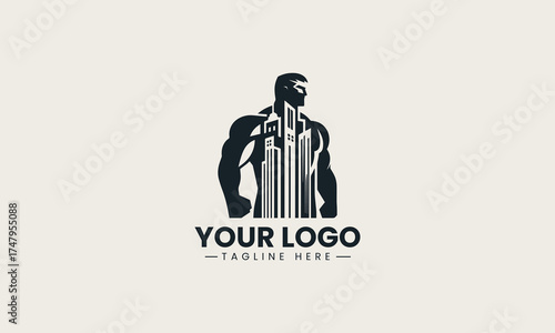 Powerful black vector logo illustration of a muscular strong male figure containing a modern cityscape for urban branding