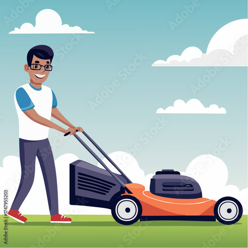 A young man happily engaging in a domestic chore, meticulously mowing his lush green lawn with a modern orange lawnmower on a beautiful day