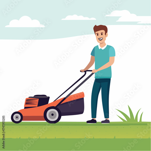 Man mowing the grass in the garden with a push mower in a minimalist vector art