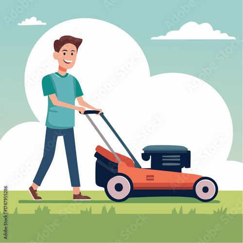 Man Mowing Lawn on Sunny Day with Clouds and Blue Sky