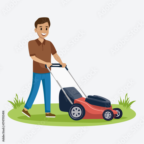 Man mowing the lawn with a red lawnmower on a sunny day in a garden