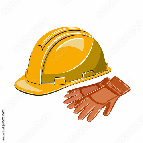 Safety First Construction Helmet and Gloves Illustration for Workplace Safety