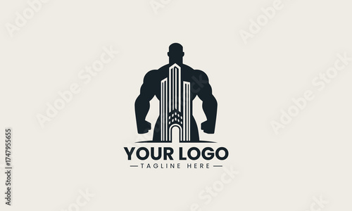 Powerful black vector logo illustration of a muscular strong male figure containing a modern cityscape for urban branding