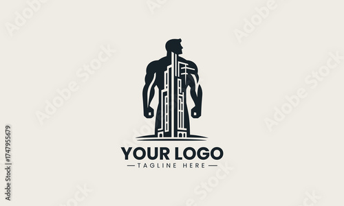 Powerful black vector logo illustration of a muscular strong male figure containing a modern cityscape for urban branding