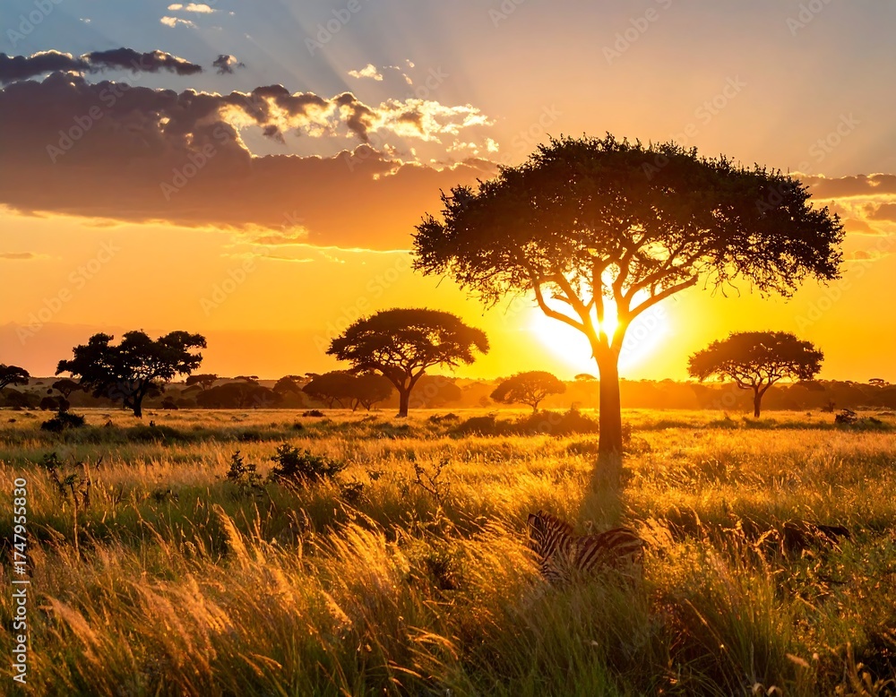 Obraz premium Golden African sunset over savanna