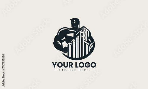Powerful black vector logo illustration of a muscular strong male figure containing a modern cityscape for urban branding
