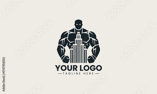 Powerful black vector logo illustration of a muscular strong male figure containing a modern cityscape for urban branding
