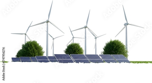 Wind Turbines and Solar Panels with Greenery renewable energy
