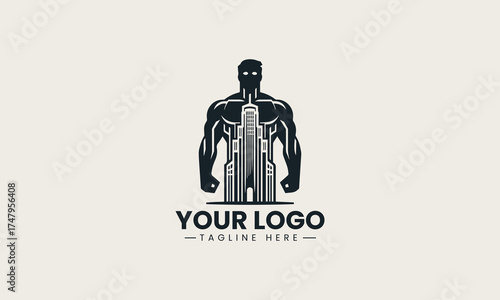 Powerful black vector logo illustration of a muscular strong male figure containing a modern cityscape for urban branding
