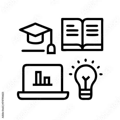 Education and learning with graduation cap, book, laptop and lightbulb