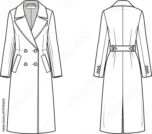 CAD Drawing Flat Vector Illustration, Double-Breasted Women’s Coat Front and Back View, Notched Lapel, Belt Detail, Garment Design Sketch