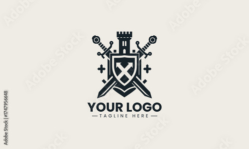 Powerful black vector logo illustration of a medieval castle crest featuring crossed swords and a shield for security branding
