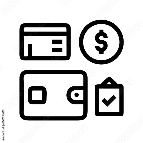 Financial icons depicting payment methods and transaction confirmation