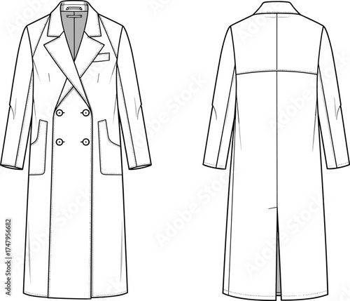 CAD Drawing Flat Vector Illustration, Double-Breasted Overcoat Front and Back View, Notched Lapel, Patch Pockets, Garment Design Sketch