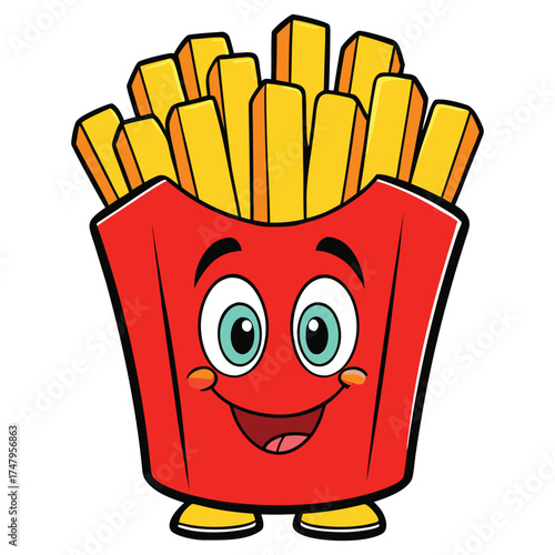 Cute cartoon french fries character with happy face in red container