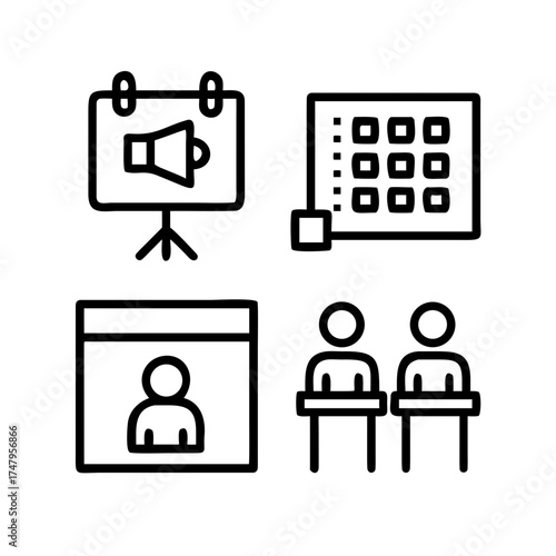 Icon set featuring presentation, calendar, online profile, and audience
