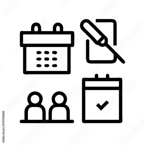 Icon set featuring scheduling, meetings, and task completion