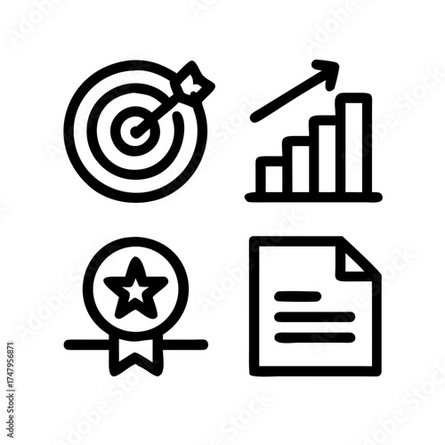 Icon set featuring target, growth, award, and document