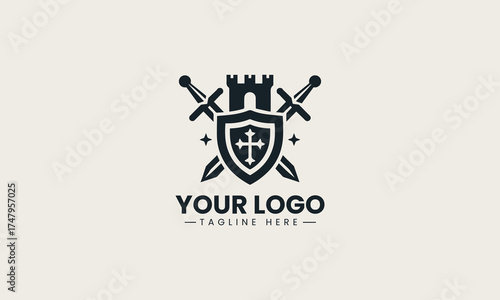 Powerful black vector logo illustration of a medieval castle crest featuring crossed swords and a shield for security branding