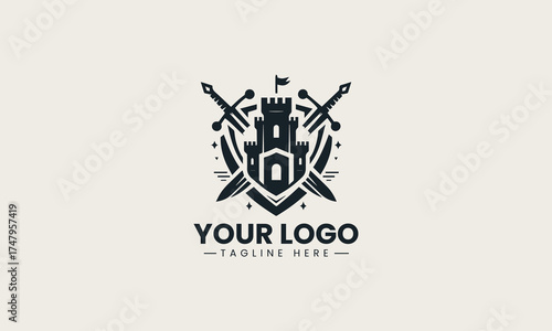 Powerful black vector logo illustration of a medieval castle crest featuring crossed swords and a shield for security branding