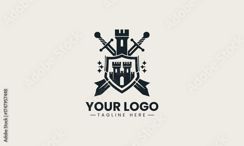 Powerful black vector logo illustration of a medieval castle crest featuring crossed swords and a shield for security branding