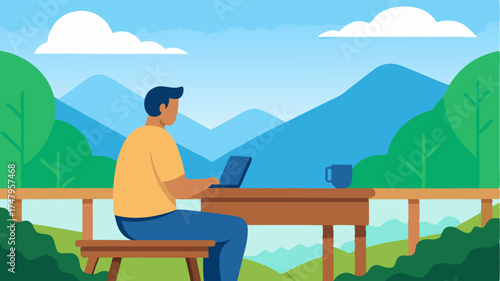 A traveler using a tablet while sitting at a rustic wooden table on a terrace overlooking a lush valley with a notebook and camera nearby.
