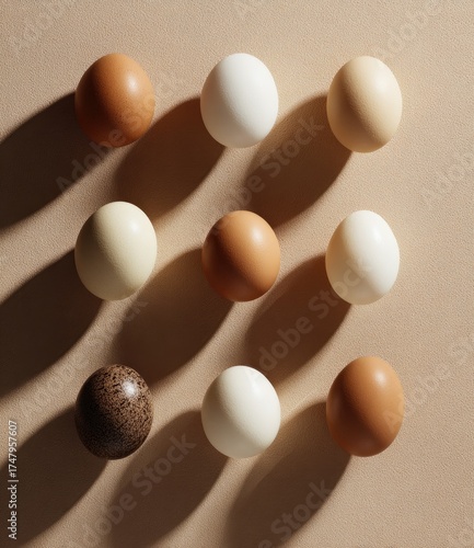 Eggs in various shades of brown and white, arranged in a grid pattern on a beige backdrop.  Strong shadows accentuate the shapes