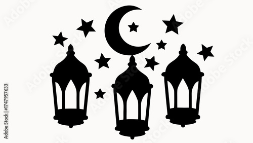 Silhouette of three lanterns with crescent moon and stars in a celestial night themed illustration