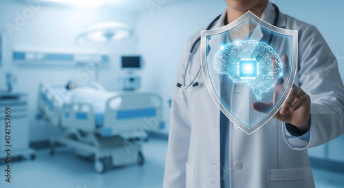 Doctor protecting patient data with AI shield in modern hospital room setting