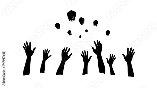 Silhouette of hands reaching up towards floating sky lanterns on a white background vector illustration