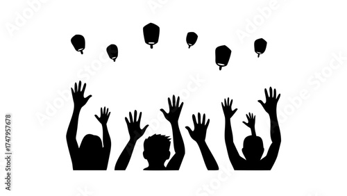 Silhouette of people raising hands watching sky lanterns floating upwards on a white background