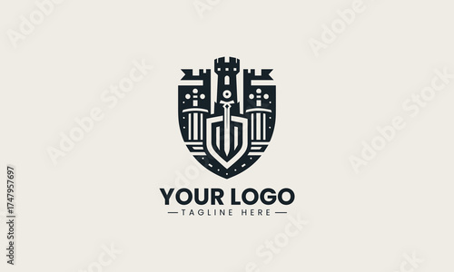 Powerful black vector logo illustration of a medieval castle crest featuring crossed swords and a shield for security branding