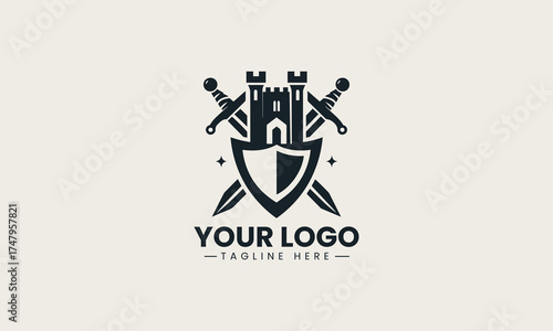 Powerful black vector logo illustration of a medieval castle crest featuring crossed swords and a shield for security branding