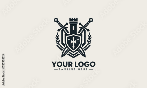 Powerful black vector logo illustration of a medieval castle crest featuring crossed swords and a shield for security branding