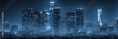 A city skyline at night, bathed in a cool, bluish light