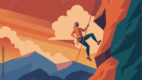 An image of a rock climber scaling a steep cliff with intricate details of handholds and a breathtaking sky in the background.