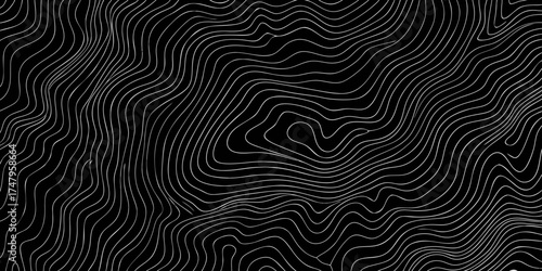Abstract topographic map lines on a black background creating a dynamic and flowing contour pattern