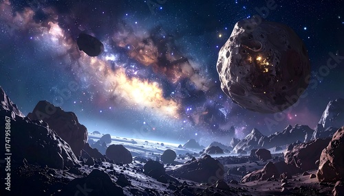 Cosmic landscape, asteroid field, starry expanse