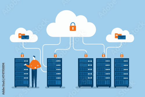 Secure cloud data storage and server room connection with padlock icons representing security