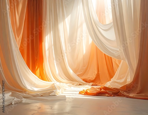 Draped, flowing fabrics in warm tones, bathed in sunlight