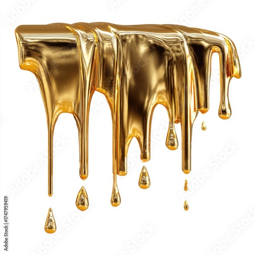 Golden liquid drips down,  reflective surface