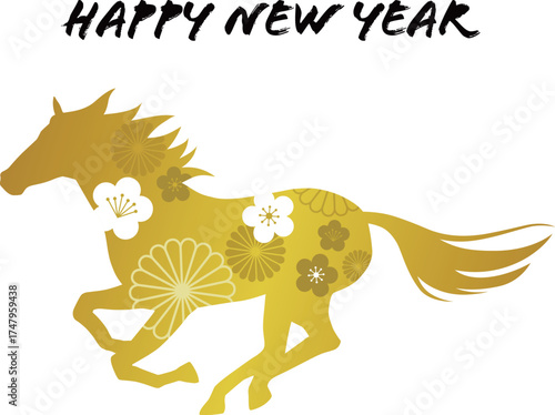 午年の年賀状素材　馬のシルエットと伝統模様