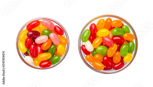 Jelly bean duo in glass dishes with rainbow colors and glossy textures, isolated on transparent background