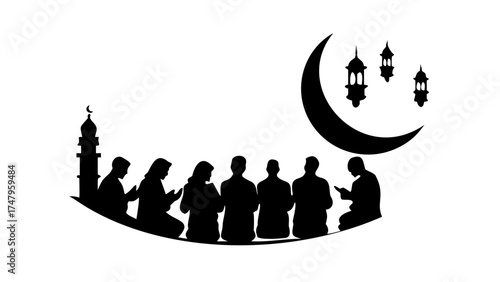 Silhouette of people praying with mosque, crescent moon, and lanterns in black and white illustration